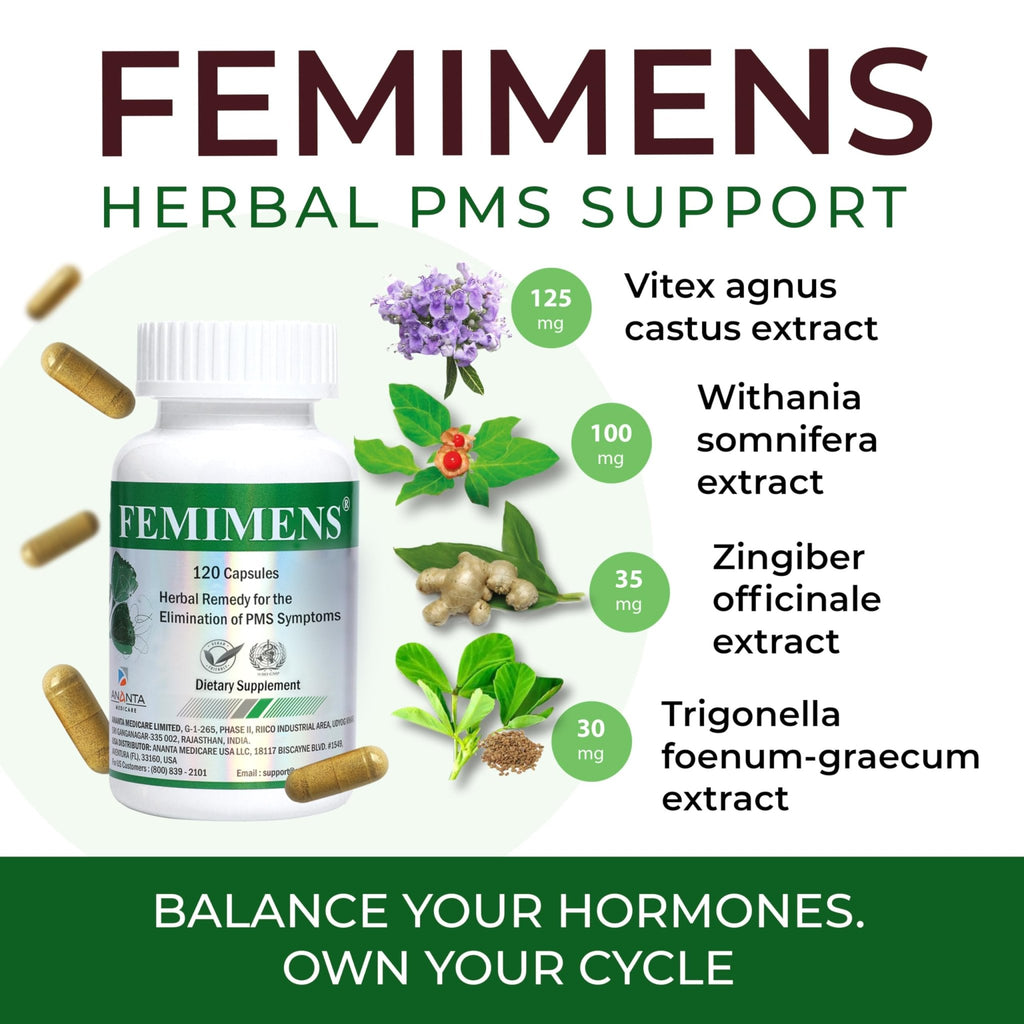 FEMIMENS – PMS Support Supplement for Women – PMS Relief for Women & Menstrual Cramp Relief – Hormonal Balance for Women – Chasteberry Vitex, Ashwagandha, Ginger, Fenugreek – 120 Vegan Capsules - TrustMedUSA