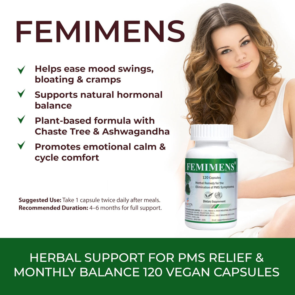 FEMIMENS – PMS Support Supplement for Women – PMS Relief for Women & Menstrual Cramp Relief – Hormonal Balance for Women – Chasteberry Vitex, Ashwagandha, Ginger, Fenugreek – 120 Vegan Capsules - TrustMedUSA