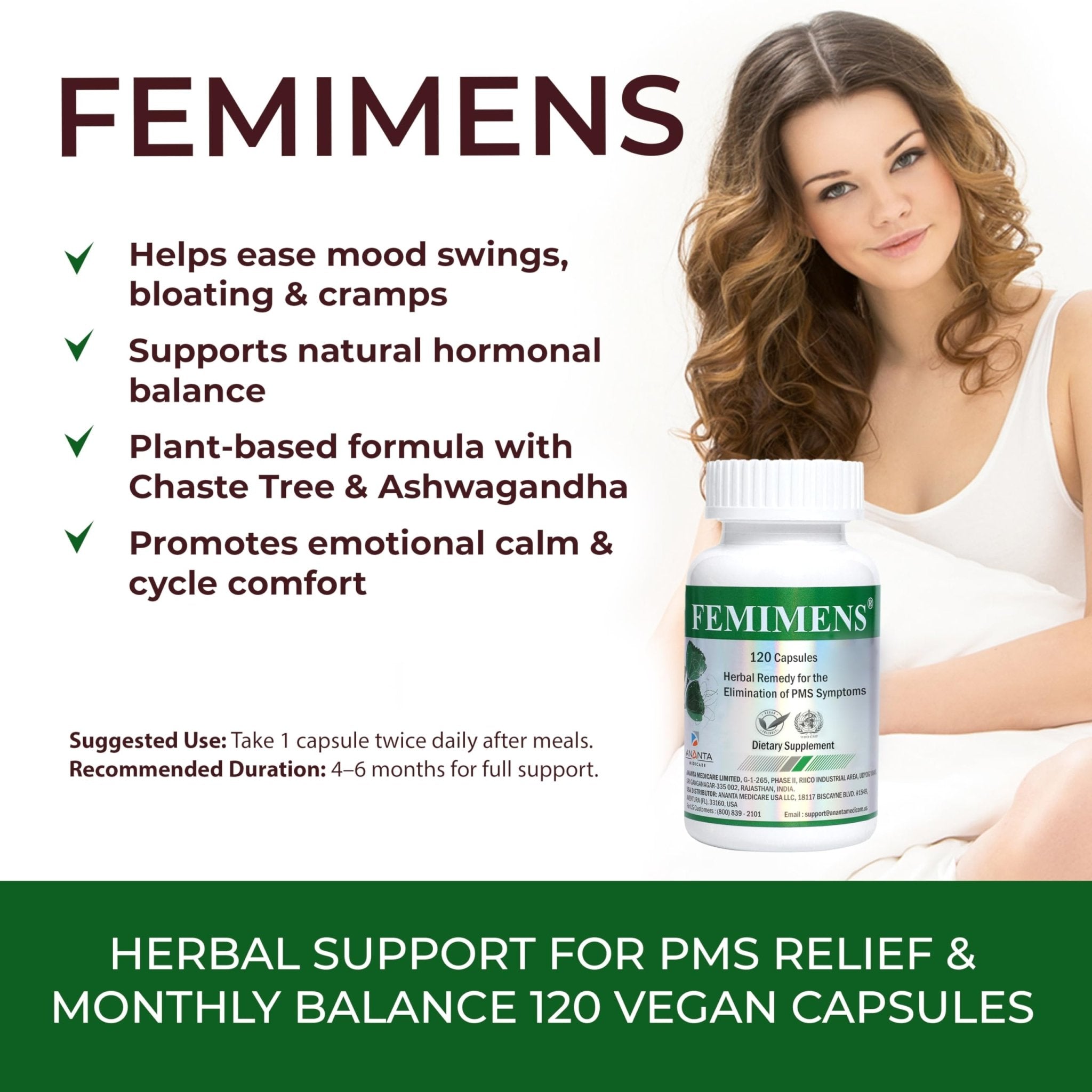 FEMIMENS – PMS Support Supplement for Women – PMS Relief for Women & Menstrual Cramp Relief – Hormonal Balance for Women – Chasteberry Vitex, Ashwagandha, Ginger, Fenugreek – 120 Vegan Capsules - TrustMedUSA