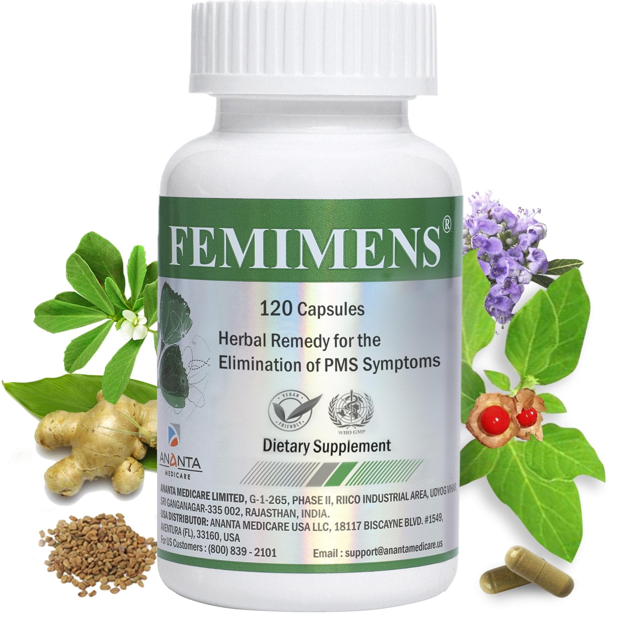 FEMIMENS – PMS Support Supplement for Women – PMS Relief for Women & Menstrual Cramp Relief – Hormonal Balance for Women – Chasteberry Vitex, Ashwagandha, Ginger, Fenugreek – 120 Vegan Capsules - TrustMedUSA