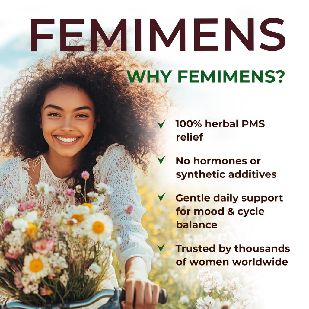 FEMIMENS – PMS Support Supplement for Women – PMS Relief for Women & Menstrual Cramp Relief – Hormonal Balance for Women – Chasteberry Vitex, Ashwagandha, Ginger, Fenugreek – 120 Vegan Capsules - TrustMedUSA