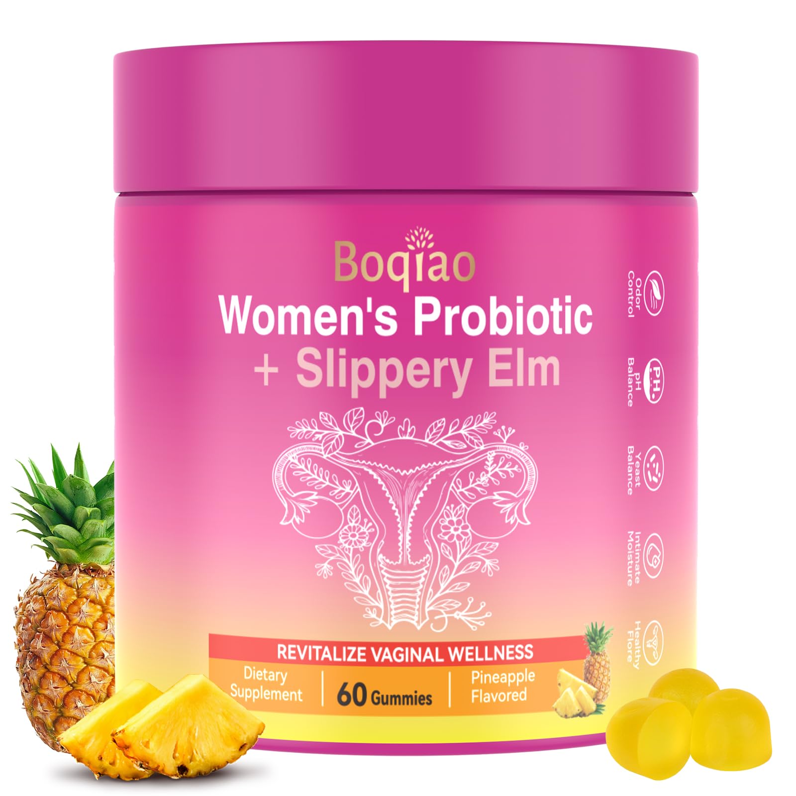 Feminine Probiotics Gummies with Slippery Elm - 60 Pineapple Gummies for Women ph Balance, Vaginal Probiotics Supports Flora, Gut Health & Immune System, Prebiotics & Lactobacillus Blend (Pineapple) - TrustMedUSA