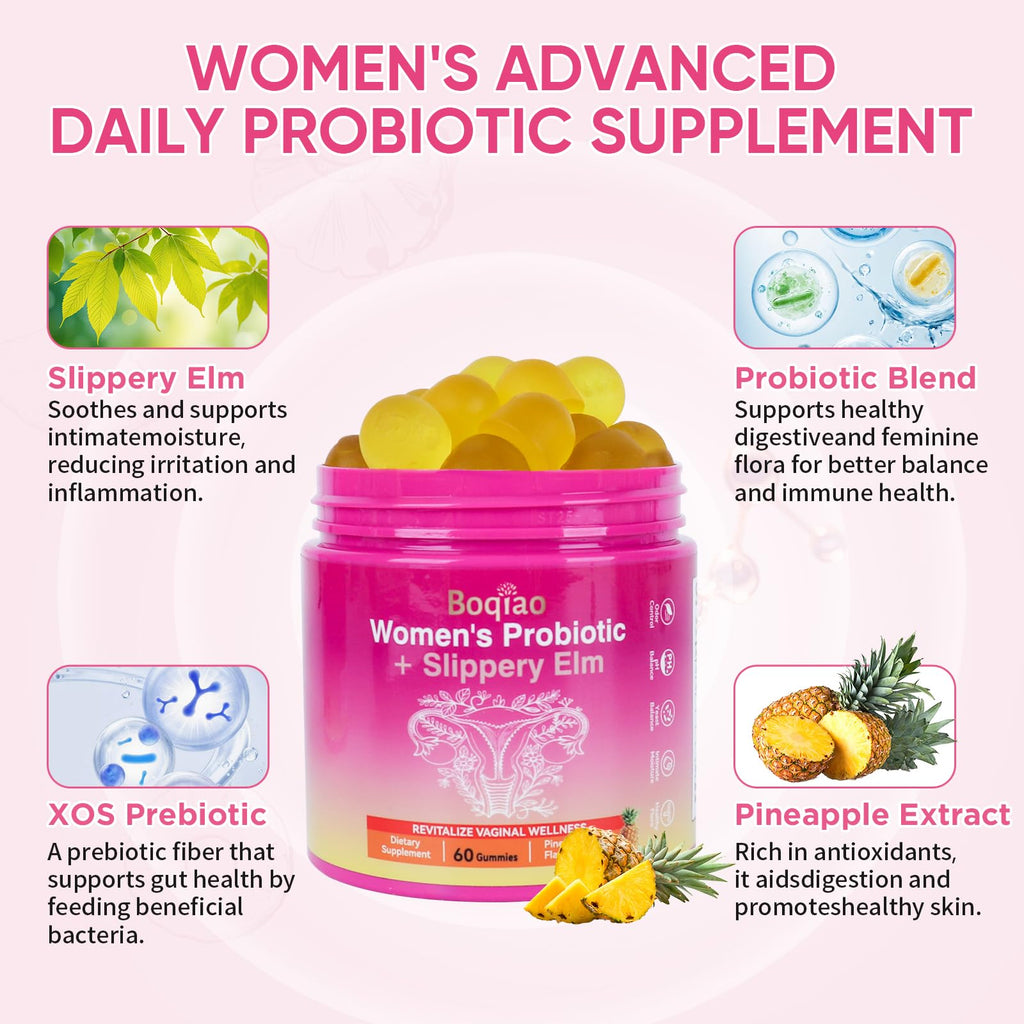 Feminine Probiotics Gummies with Slippery Elm - 60 Pineapple Gummies for Women ph Balance, Vaginal Probiotics Supports Flora, Gut Health & Immune System, Prebiotics & Lactobacillus Blend (Pineapple) - TrustMedUSA