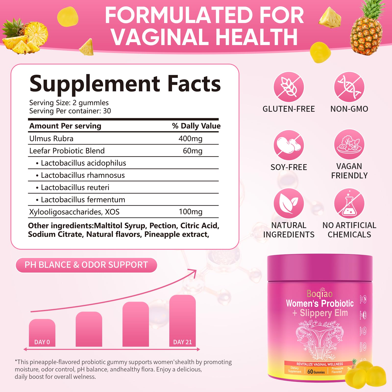 Feminine Probiotics Gummies with Slippery Elm - 60 Pineapple Gummies for Women ph Balance, Vaginal Probiotics Supports Flora, Gut Health & Immune System, Prebiotics & Lactobacillus Blend (Pineapple) - TrustMedUSA