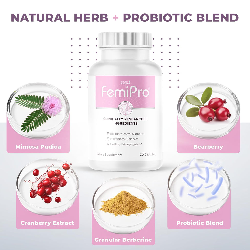 Femipro Bladder Control Supplements for Women & Men, Natural Herb & Probiotic Blend, Supports Urinary Tract Health & Microbiome Balance | Made in USA Non-GMO, 30 Capsules, 1 Month Supply - TrustMedUSA