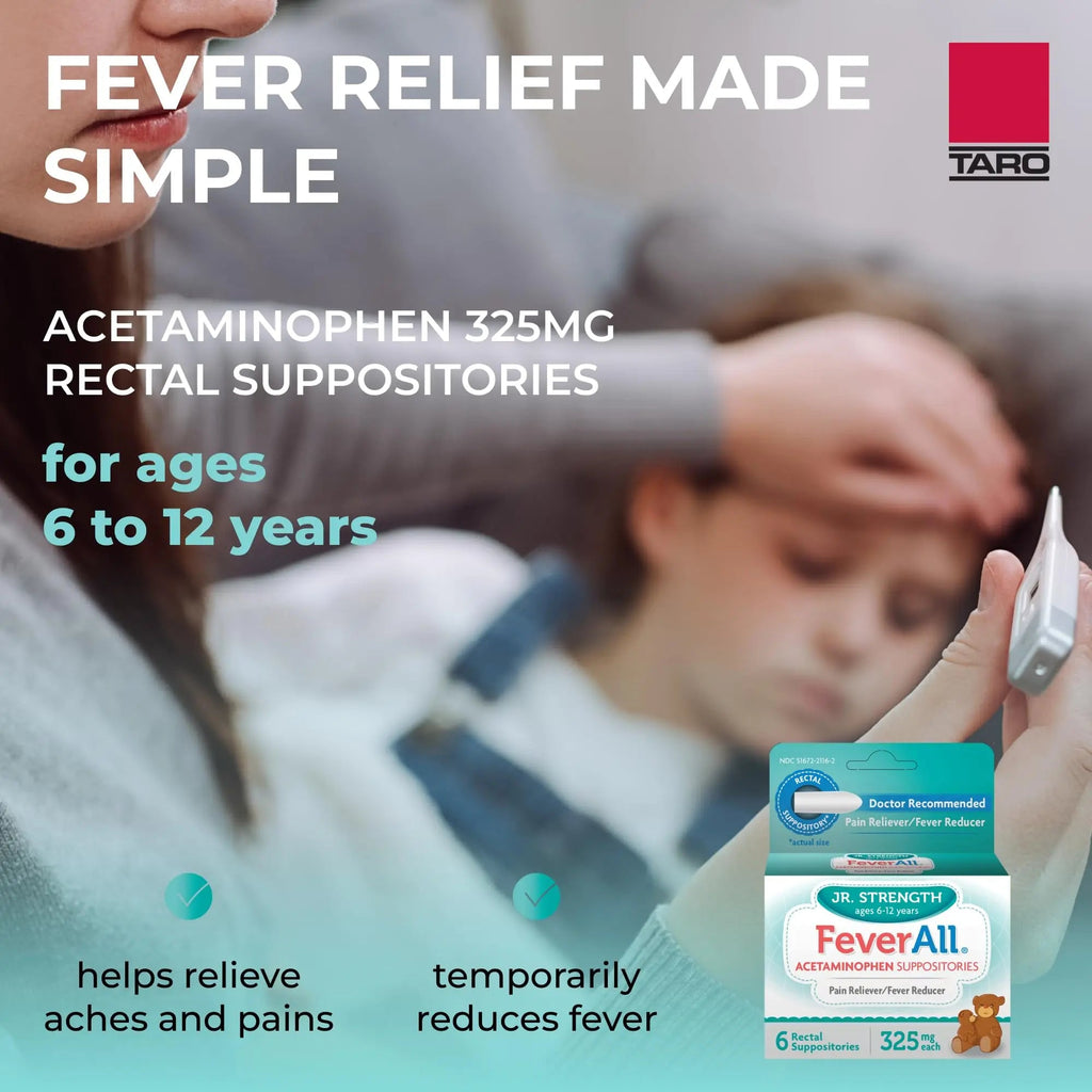 Feverall Children Acetaminophen Suppositories 6 Rectal Suppositories 325mg Each Pain Reliever/Fever Reducer. Paraben Free, No Artificial Colors or Other preservatives. Ages 6-12 Years - TrustMedUSA