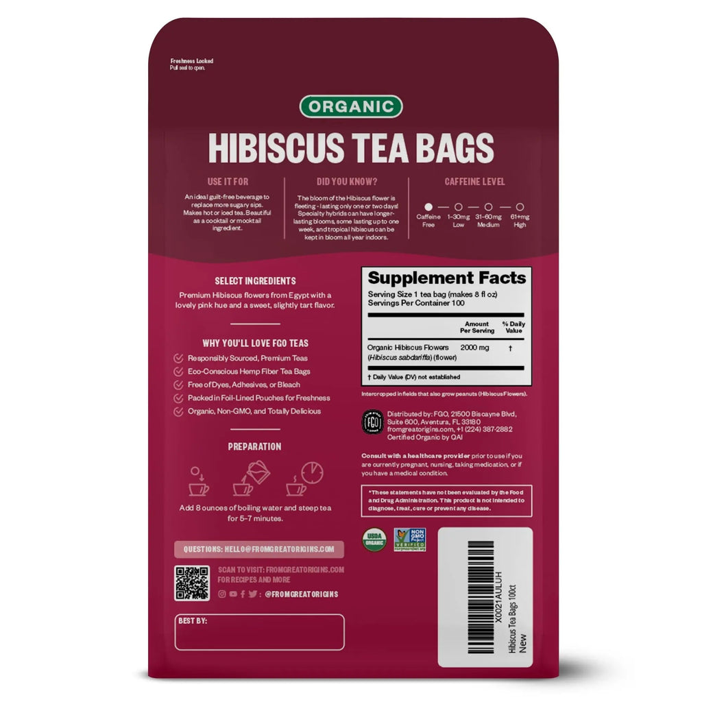 FGO Organic Hibiscus Tea, Eco-Conscious Tea Bags, 100 Count, Packaging May Vary - TrustMedUSA
