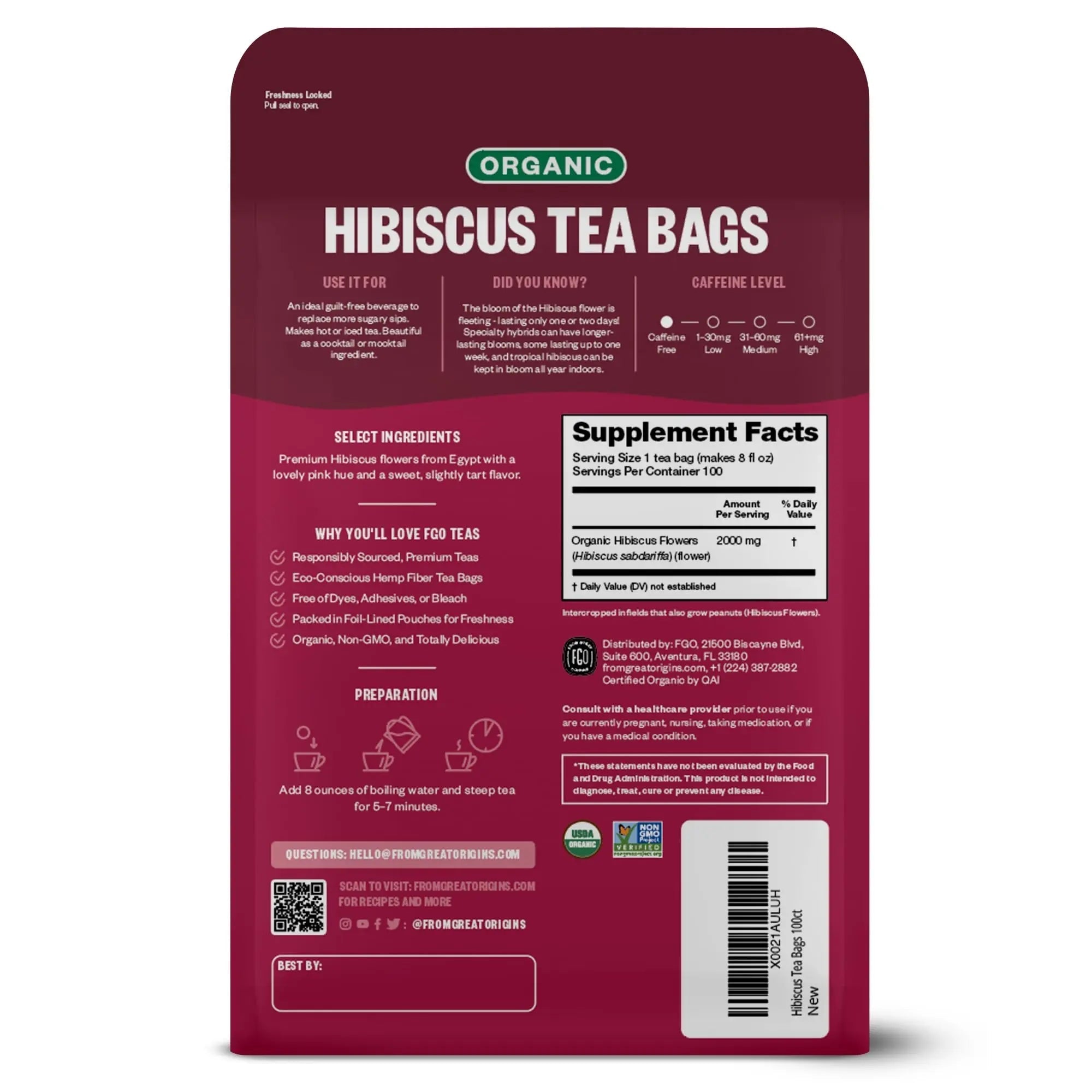 FGO Organic Hibiscus Tea, Eco-Conscious Tea Bags, 100 Count, Packaging May Vary - TrustMedUSA