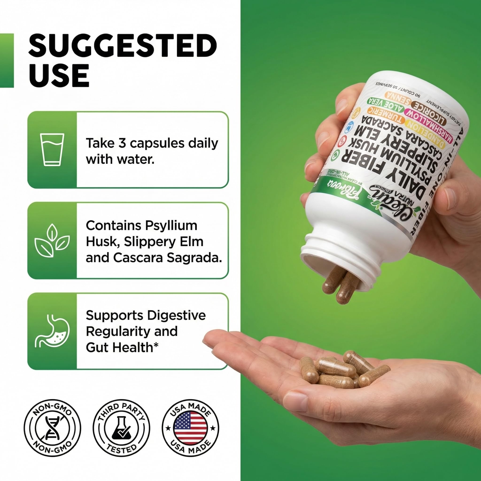 Fiber Supplement Capsules Slippery Elm Psyllium Husk Cascara Sagrada Dandelion Root Turmeric Supplement Aloe Vera Licorice Senna Marshmallow Root Digestive Health Cleanse 90 Pills by Clean Nutra - TrustMedUSA