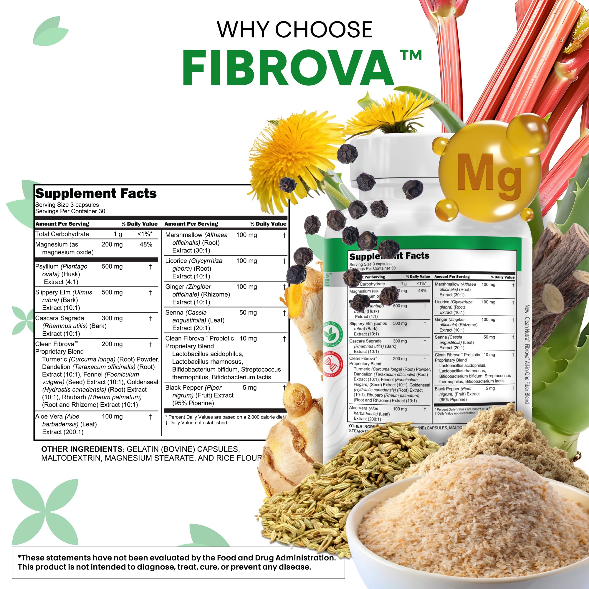 Fiber Supplement Capsules Slippery Elm Psyllium Husk Cascara Sagrada Dandelion Root Turmeric Supplement Aloe Vera Licorice Senna Marshmallow Root Digestive Health Cleanse 90 Pills by Clean Nutra - TrustMedUSA