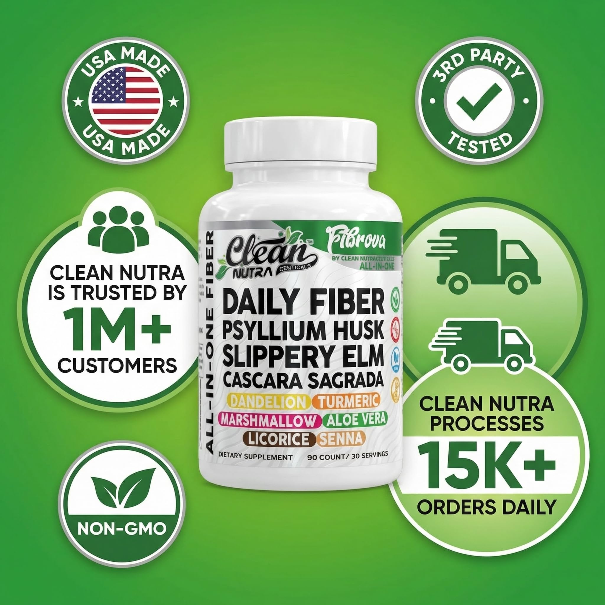 Fiber Supplement Capsules Slippery Elm Psyllium Husk Cascara Sagrada Dandelion Root Turmeric Supplement Aloe Vera Licorice Senna Marshmallow Root Digestive Health Cleanse 90 Pills by Clean Nutra - TrustMedUSA