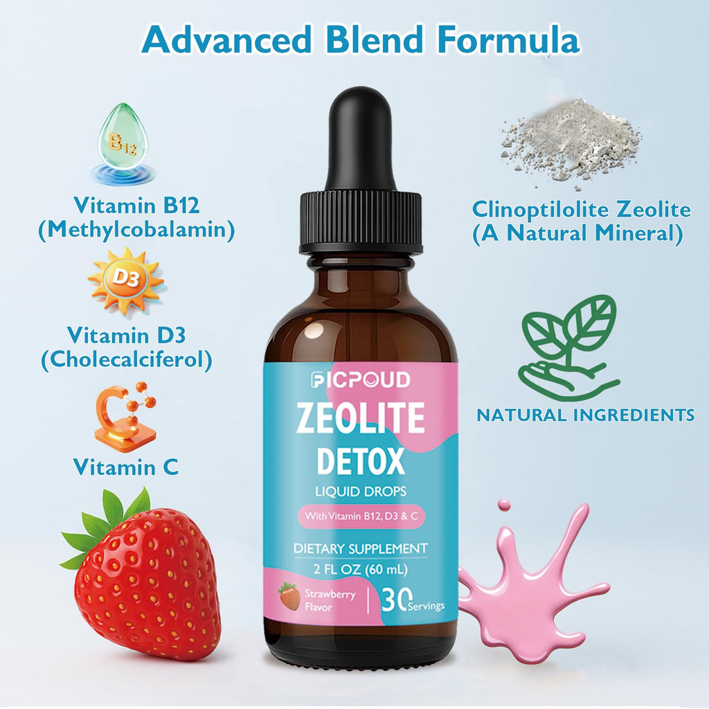 Ficpoud Zeolite Detox for Kids & Adults – Pure Zeolite clinoptilolite Liquid Drops with Vitamin B12, C & D3 – Gentle Daily Cleanse for Gut, Immune, Energy & Speech Support, Strawberry Flavor, 2 Fl Oz - TrustMedUSA