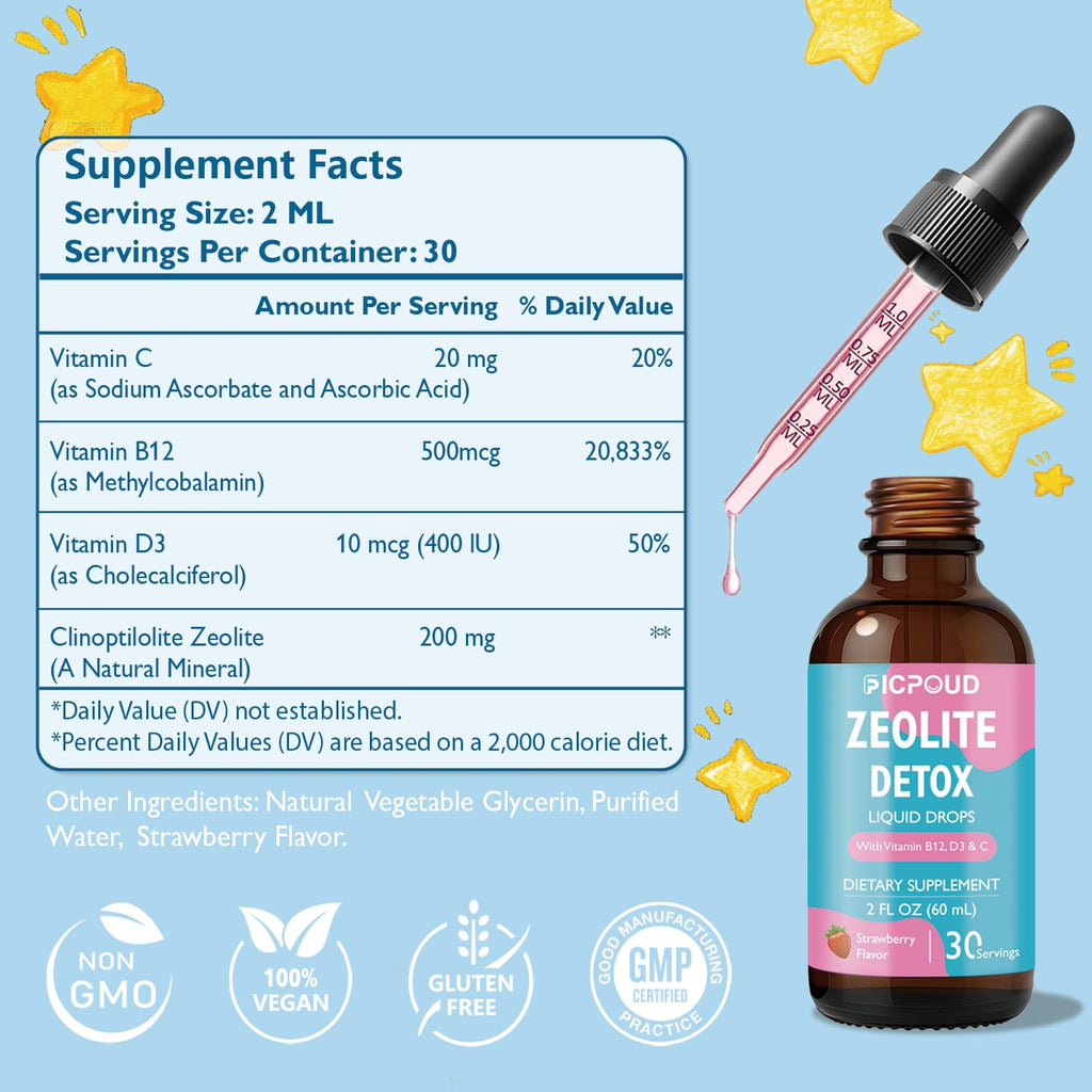 Ficpoud Zeolite Detox for Kids & Adults – Pure Zeolite clinoptilolite Liquid Drops with Vitamin B12, C & D3 – Gentle Daily Cleanse for Gut, Immune, Energy & Speech Support, Strawberry Flavor, 2 Fl Oz - TrustMedUSA