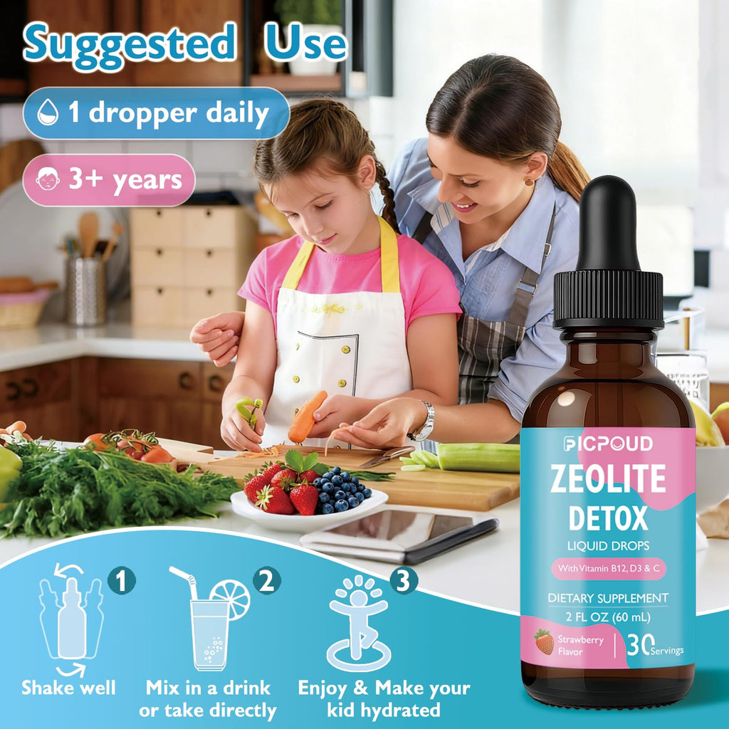 Ficpoud Zeolite Detox for Kids & Adults – Pure Zeolite clinoptilolite Liquid Drops with Vitamin B12, C & D3 – Gentle Daily Cleanse for Gut, Immune, Energy & Speech Support, Strawberry Flavor, 2 Fl Oz - TrustMedUSA