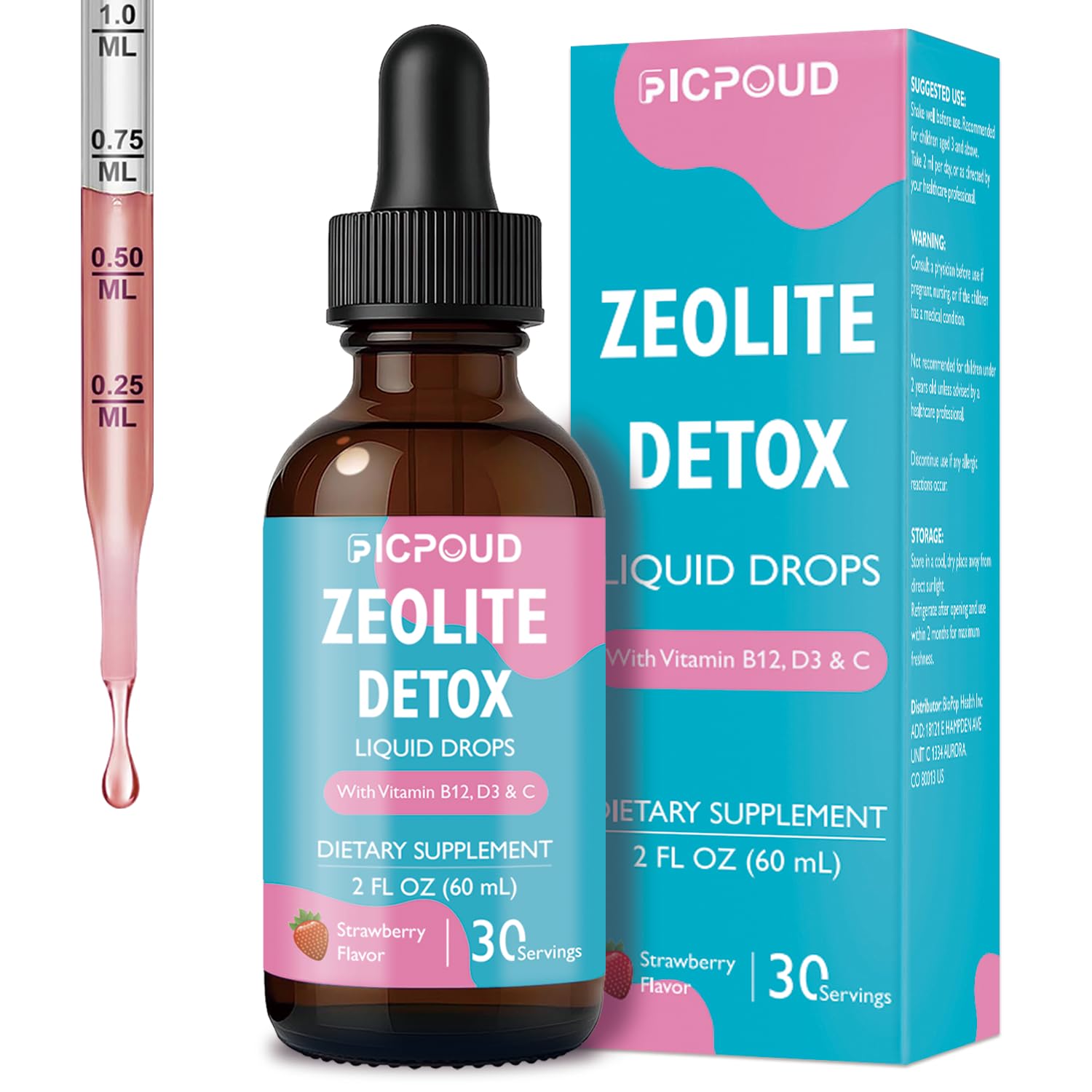 Ficpoud Zeolite Detox for Kids & Adults – Pure Zeolite clinoptilolite Liquid Drops with Vitamin B12, C & D3 – Gentle Daily Cleanse for Gut, Immune, Energy & Speech Support, Strawberry Flavor, 2 Fl Oz - TrustMedUSA