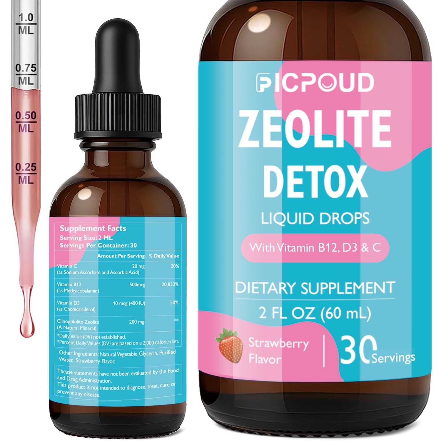 Ficpoud Zeolite Detox for Kids & Adults – Pure Zeolite clinoptilolite Liquid Drops with Vitamin B12, C & D3 – Gentle Daily Cleanse for Gut, Immune, Energy & Speech Support, Strawberry Flavor, 2 Fl Oz - TrustMedUSA