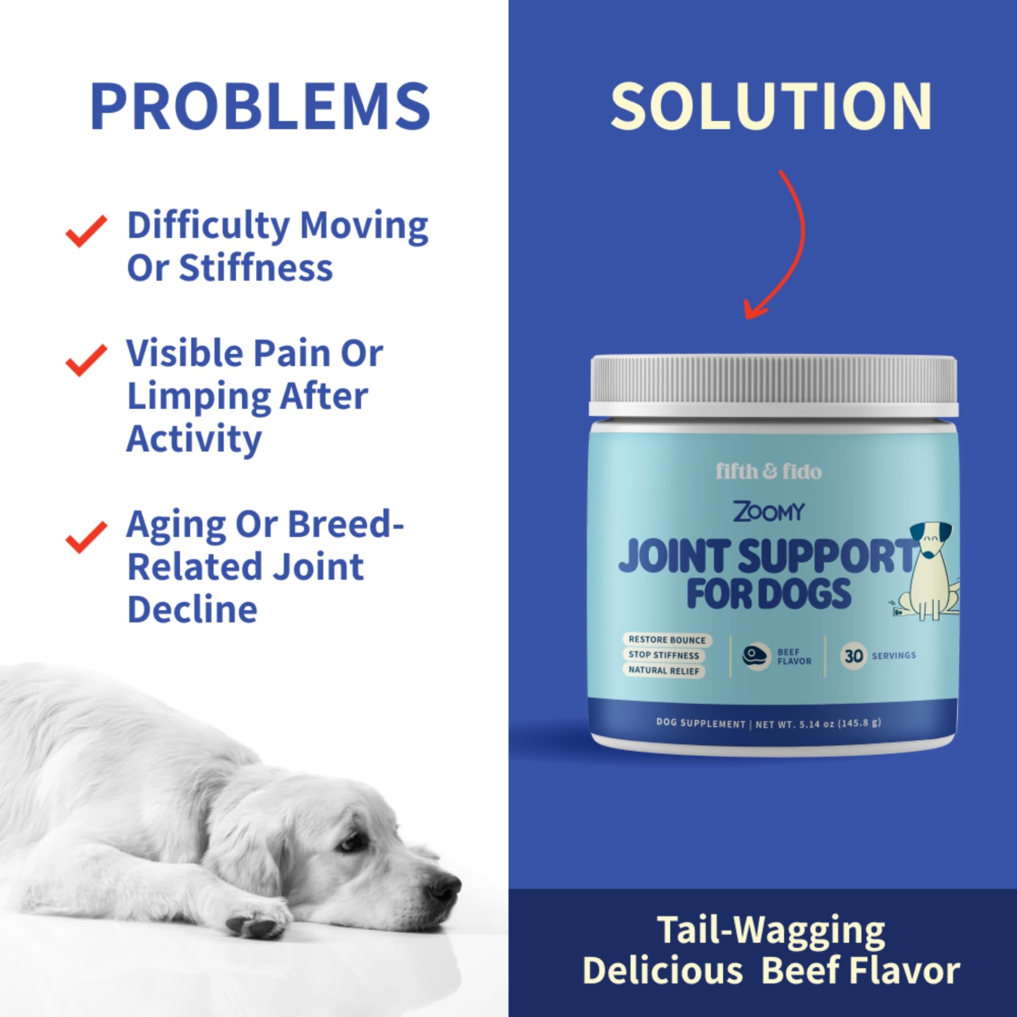 Fifth & Fido Joint Supplement for Dogs - Glucosamine for Dogs - Pet Vitamins and Supplements Powder with Chondroitin & MSM - Hip & Joint Support for Mobility, Stiffness & Flexibility - Mushroom Blend - TrustMedUSA