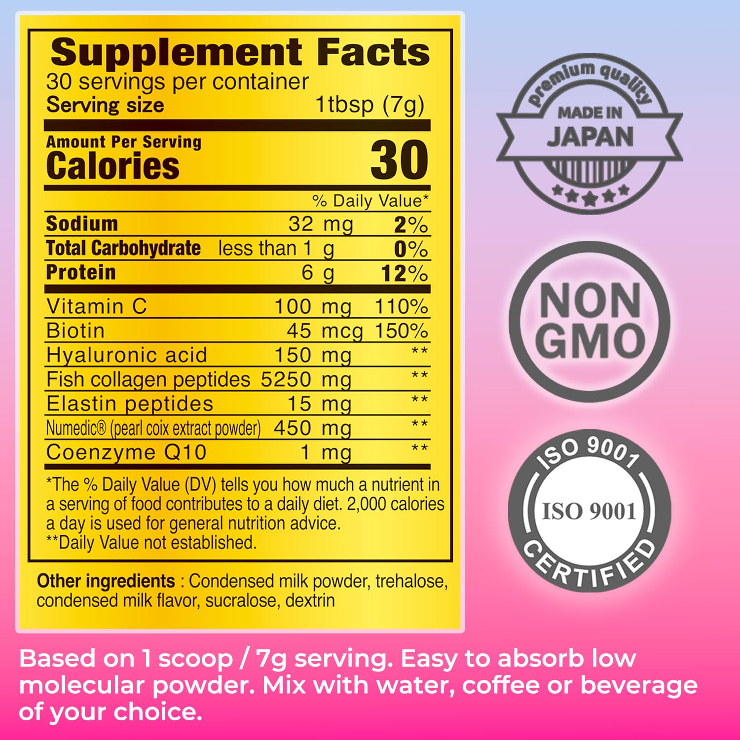FINE JAPAN Premium Marine Collagen Powder with Hyaluronic Acid, CoQ10 & Elastin - Non-GMO - 30 Servings (210g / 7.4oz) Made in Japan - Maple Wellness Supplements