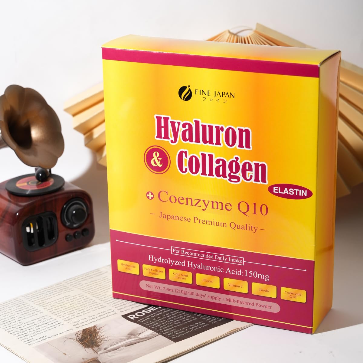 FINE JAPAN Premium Marine Collagen Powder with Hyaluronic Acid, CoQ10 & Elastin - Non-GMO - 30 Servings (210g / 7.4oz) Made in Japan - Maple Wellness Supplements