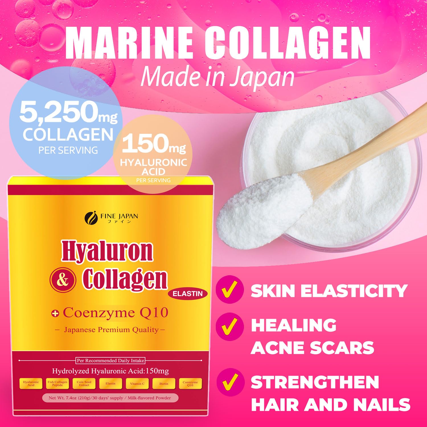 FINE JAPAN Premium Marine Collagen Powder with Hyaluronic Acid, CoQ10 & Elastin - Non-GMO - 30 Servings (210g / 7.4oz) Made in Japan - Maple Wellness Supplements
