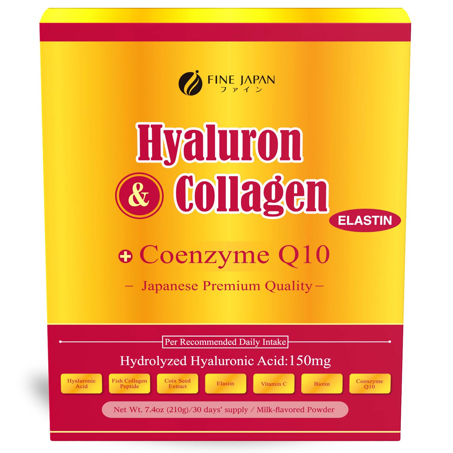 FINE JAPAN Premium Marine Collagen Powder with Hyaluronic Acid, CoQ10 & Elastin - Non-GMO - 30 Servings (210g / 7.4oz) Made in Japan - Maple Wellness Supplements
