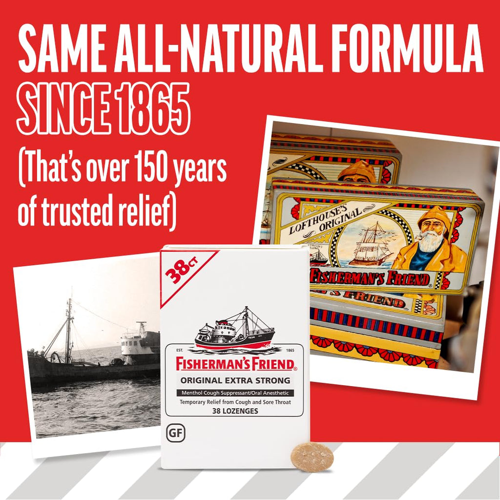 Fisherman's Friend Original Extra Strong Cough Lozenges (38 Drops x 6-Pack), 10mg Natural Menthol, Cooling Relief from Sore Throat, Persistent Cough & Everyday Irritation, Vegan & Gluten-Free - Maple Wellness Supplements