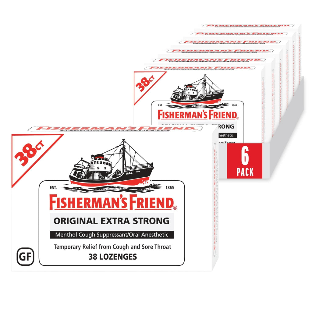 Fisherman's Friend Original Extra Strong Cough Lozenges (38 Drops x 6-Pack), 10mg Natural Menthol, Cooling Relief from Sore Throat, Persistent Cough & Everyday Irritation, Vegan & Gluten-Free - Maple Wellness Supplements