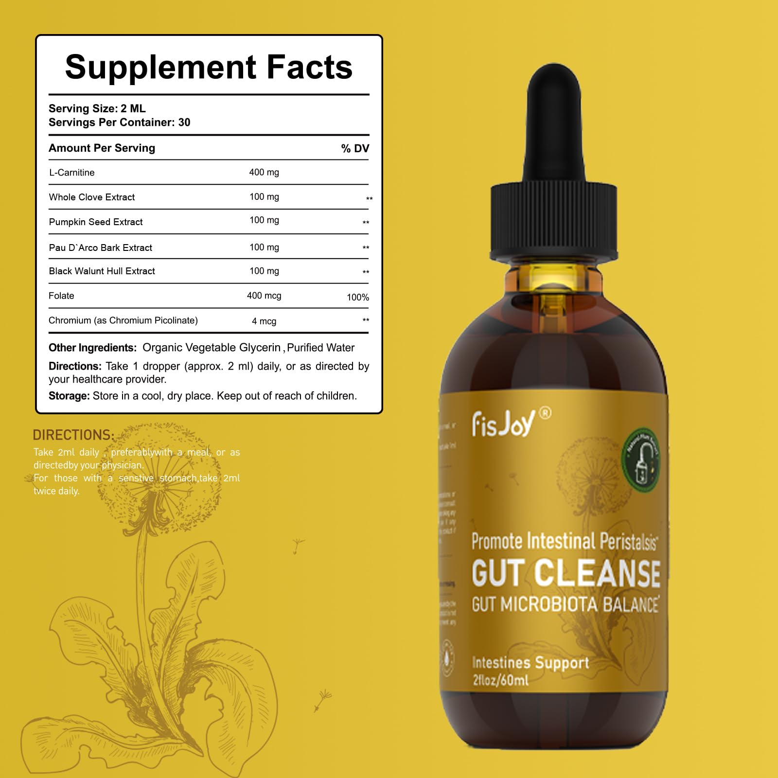Fisjoy L-Carnitine & Herbal Liquid Drops – Gentle Daily Digestive Support with Pumpkin Seed, Clove & PAU D’Arco Extracts, Folate & Chromium, Vegan, Sugar-Free, 2 fl oz (60 mL) - TrustMedUSA