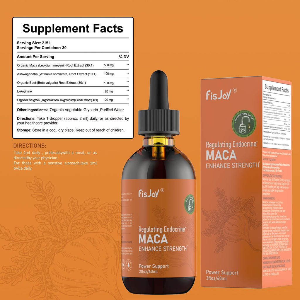 Fisjoy Organic Maca Liquid Drops with Ashwagandha & Beet Root – Supports Daily Vitality & Overall Wellness – Non-GMO, Vegan Herbal Supplement, 2 fl oz (60 mL) - TrustMedUSA