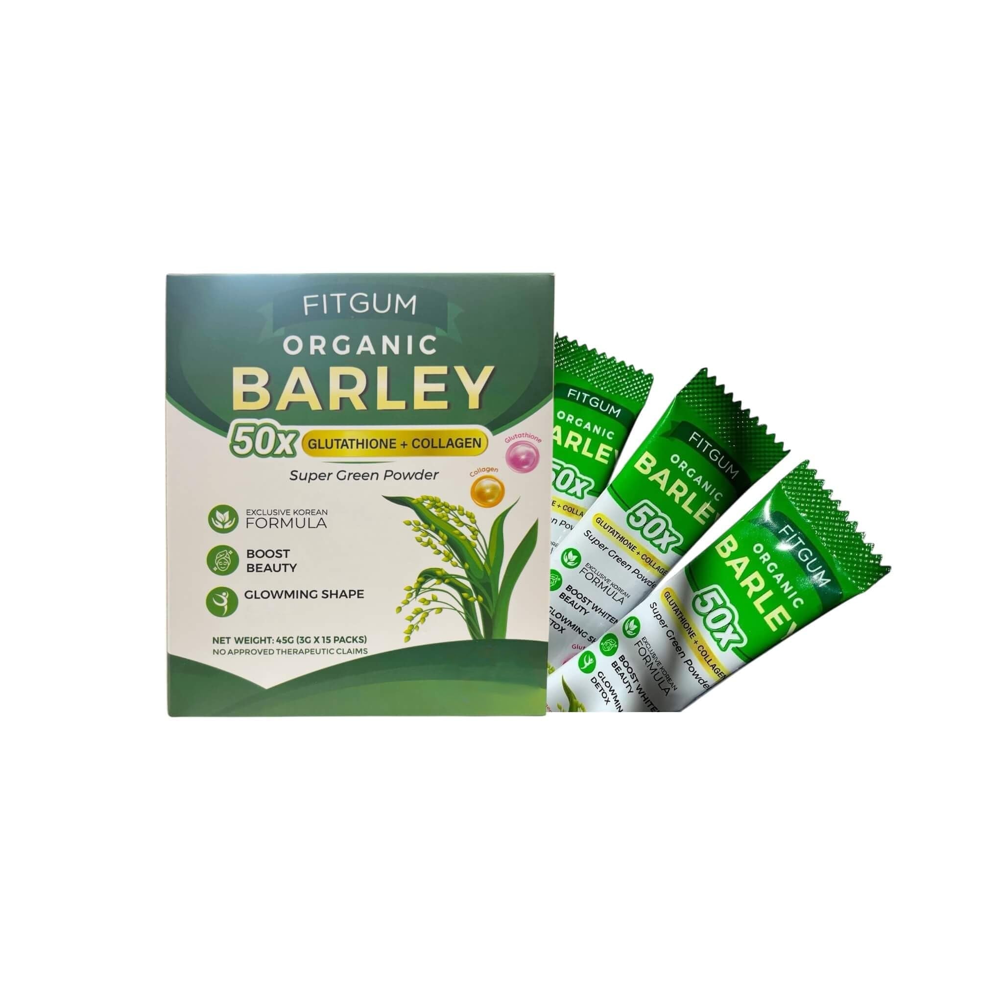 FIT Gum Organic Barley 50X Glutathione & Collagen Super Green Powder - 3g x 15 Sachets - TrustMedUSA