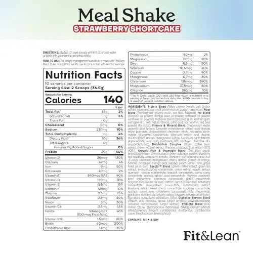 Fit & Lean Meal Shake, Fat Burning Meal Replacement, Protein, Fiber, Probiotics, Strawberry - TrustMedUSA