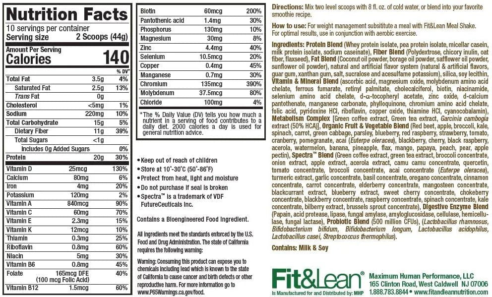 Fit & Lean Meal Shake, Fat Burning Meal Replacement, Protein, Fiber, Probiotics, Vanilla - TrustMedUSA