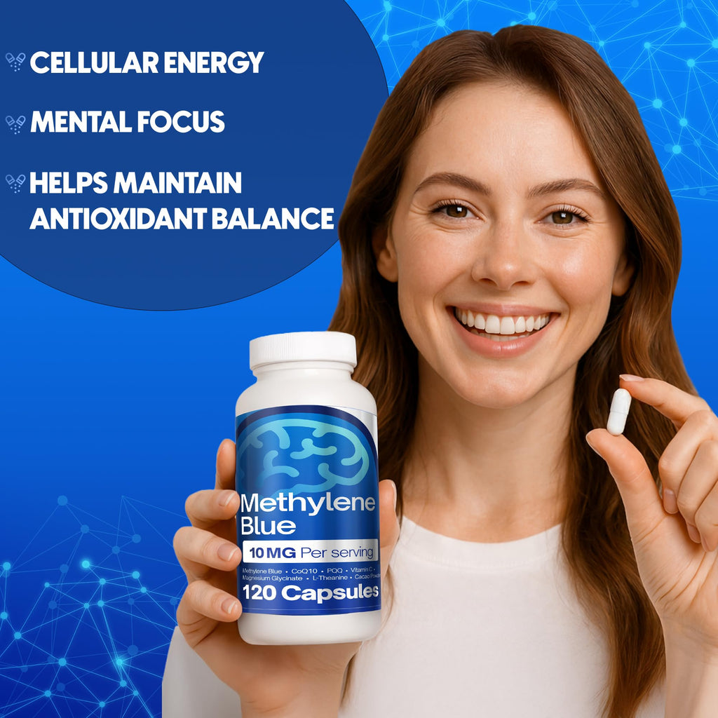 FitVitality Methylene Blue Capsules – Formulate CoQ10, PQQ, Vitamin C, L-Theanine, Cacao – 120 Vegan Capsules per Bottle – No Flavor, Easy Daily Use - TrustMedUSA
