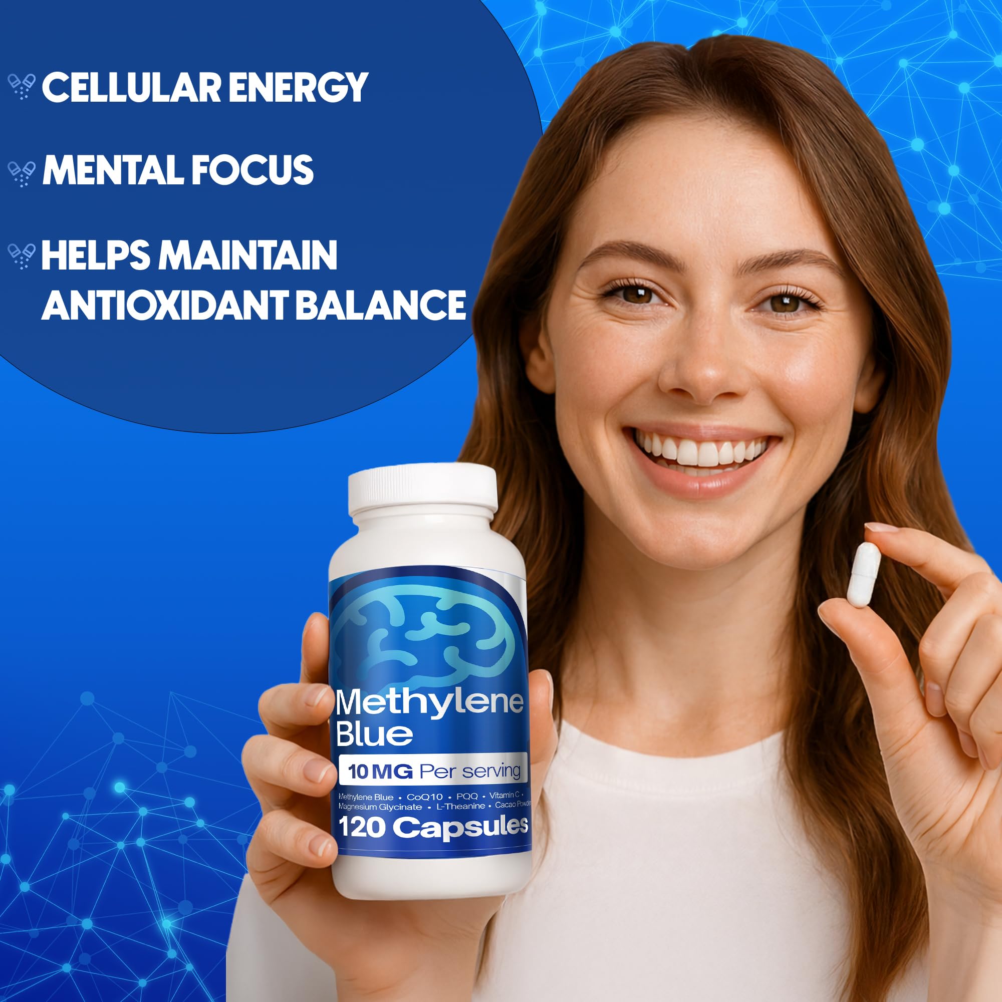 FitVitality Methylene Blue Capsules – Formulate CoQ10, PQQ, Vitamin C, L-Theanine, Cacao – 120 Vegan Capsules per Bottle – No Flavor, Easy Daily Use - TrustMedUSA