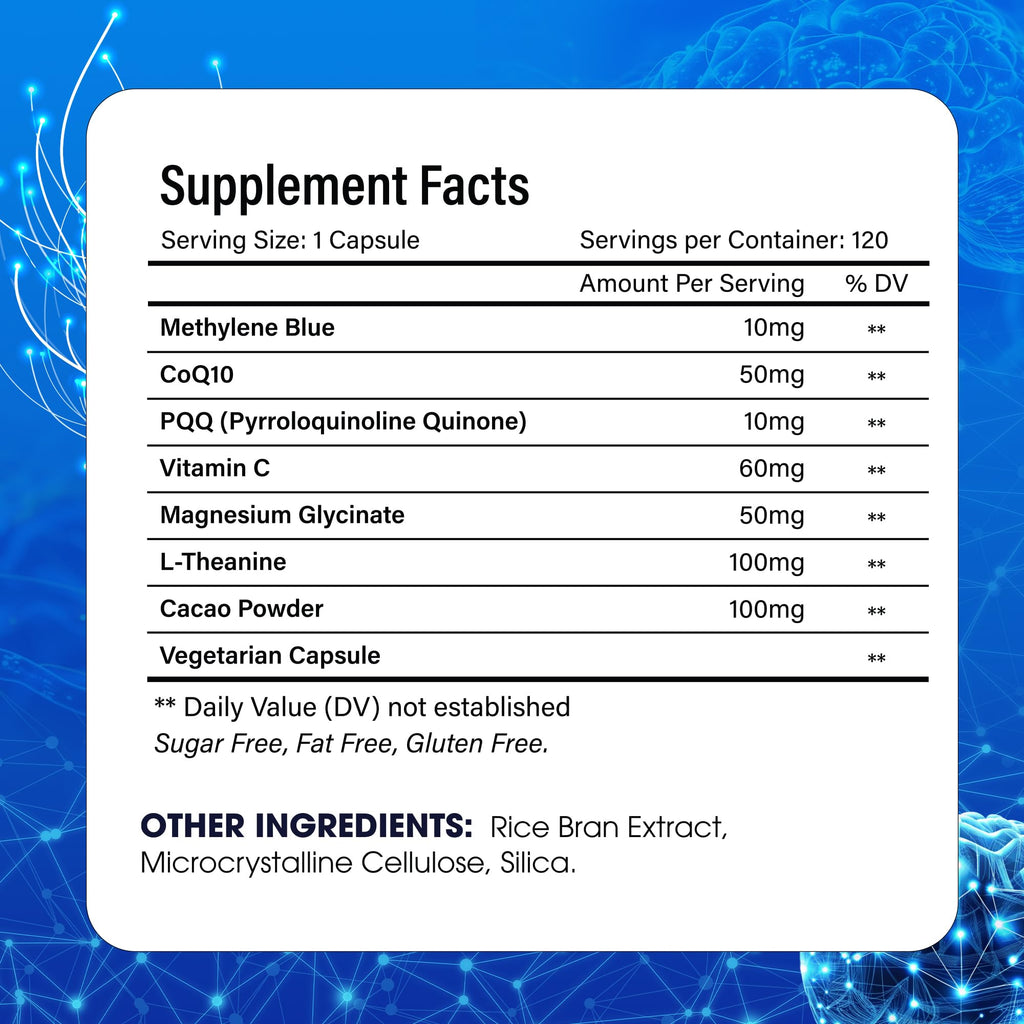 FitVitality Methylene Blue Capsules – Formulate CoQ10, PQQ, Vitamin C, L-Theanine, Cacao – 120 Vegan Capsules per Bottle – No Flavor, Easy Daily Use - TrustMedUSA
