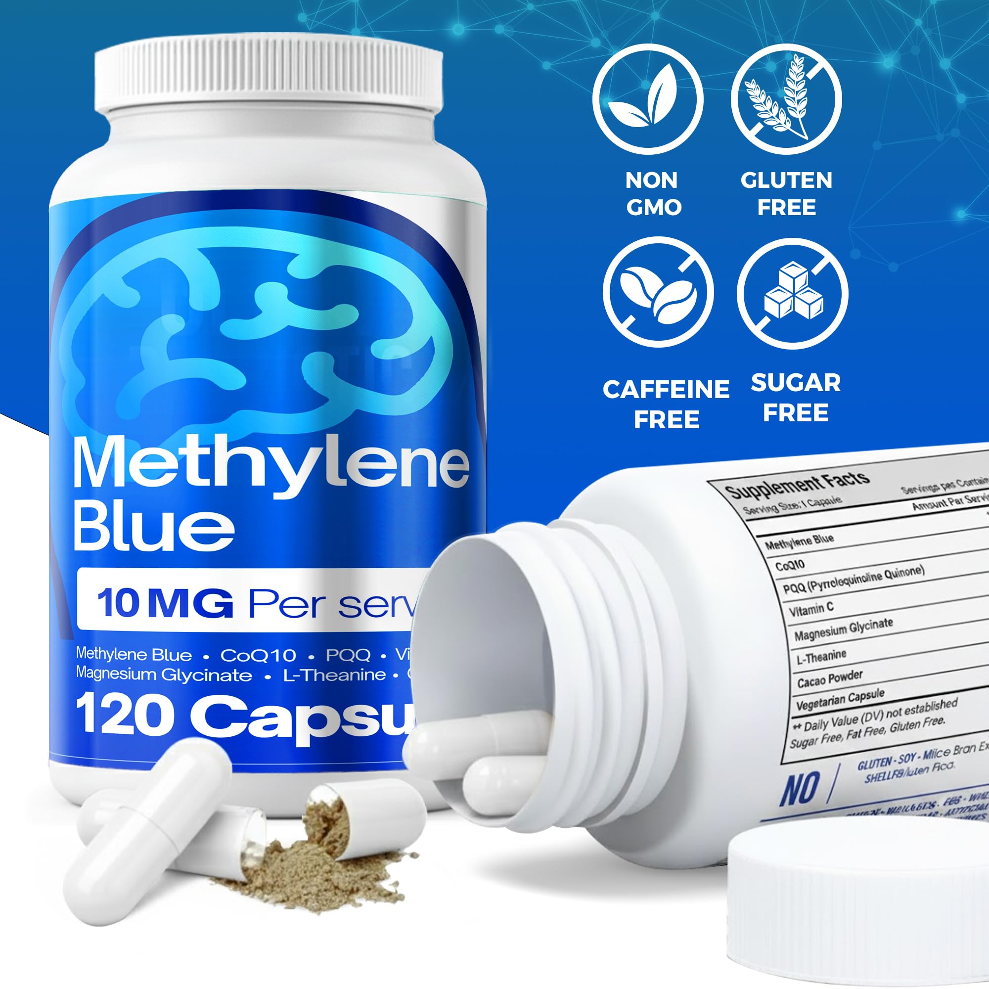 FitVitality Methylene Blue Capsules – Formulate CoQ10, PQQ, Vitamin C, L-Theanine, Cacao – 120 Vegan Capsules per Bottle – No Flavor, Easy Daily Use - TrustMedUSA