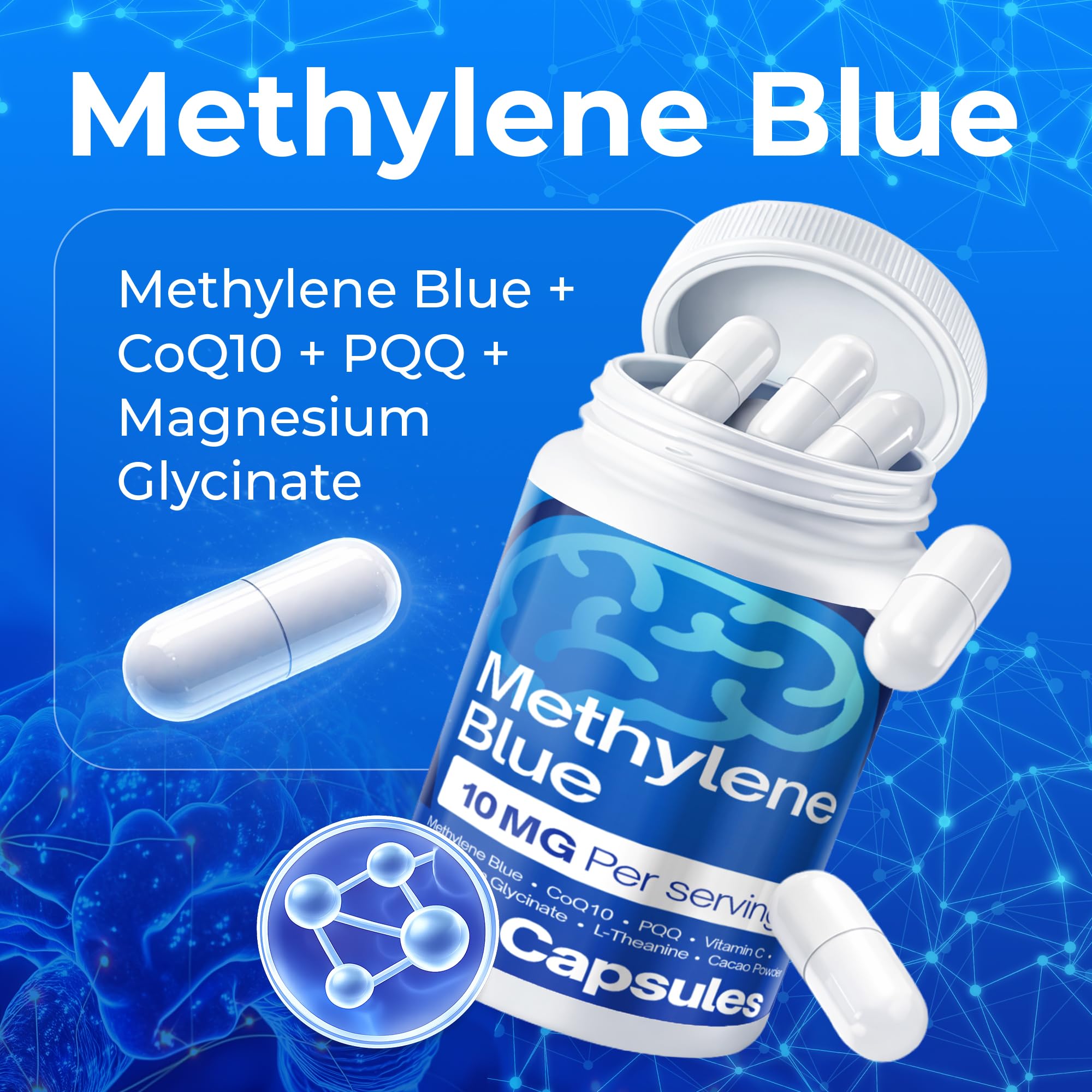 FitVitality Methylene Blue Capsules – Formulate CoQ10, PQQ, Vitamin C, L-Theanine, Cacao – 120 Vegan Capsules per Bottle – No Flavor, Easy Daily Use - TrustMedUSA