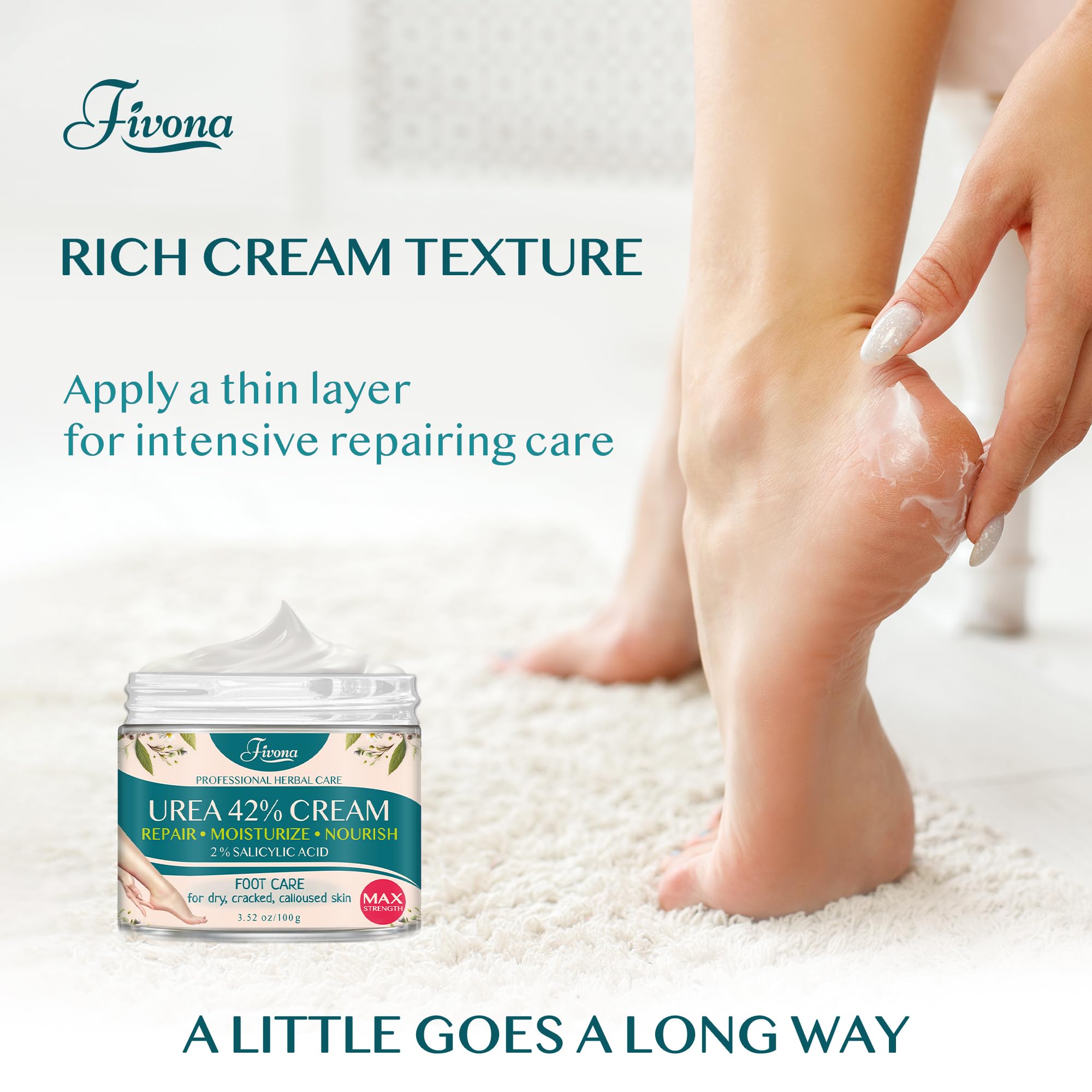 FIVONA 42% Urea Foot Cream for Thick, Rough Dry Skin - Maximum Strength Callus Softening with 2% Salicylic Acid, Tea Tree & Aloe Vera, 100g (3.5 oz) - Deep Moisturizing Foot Care - Maple Wellness Supplements