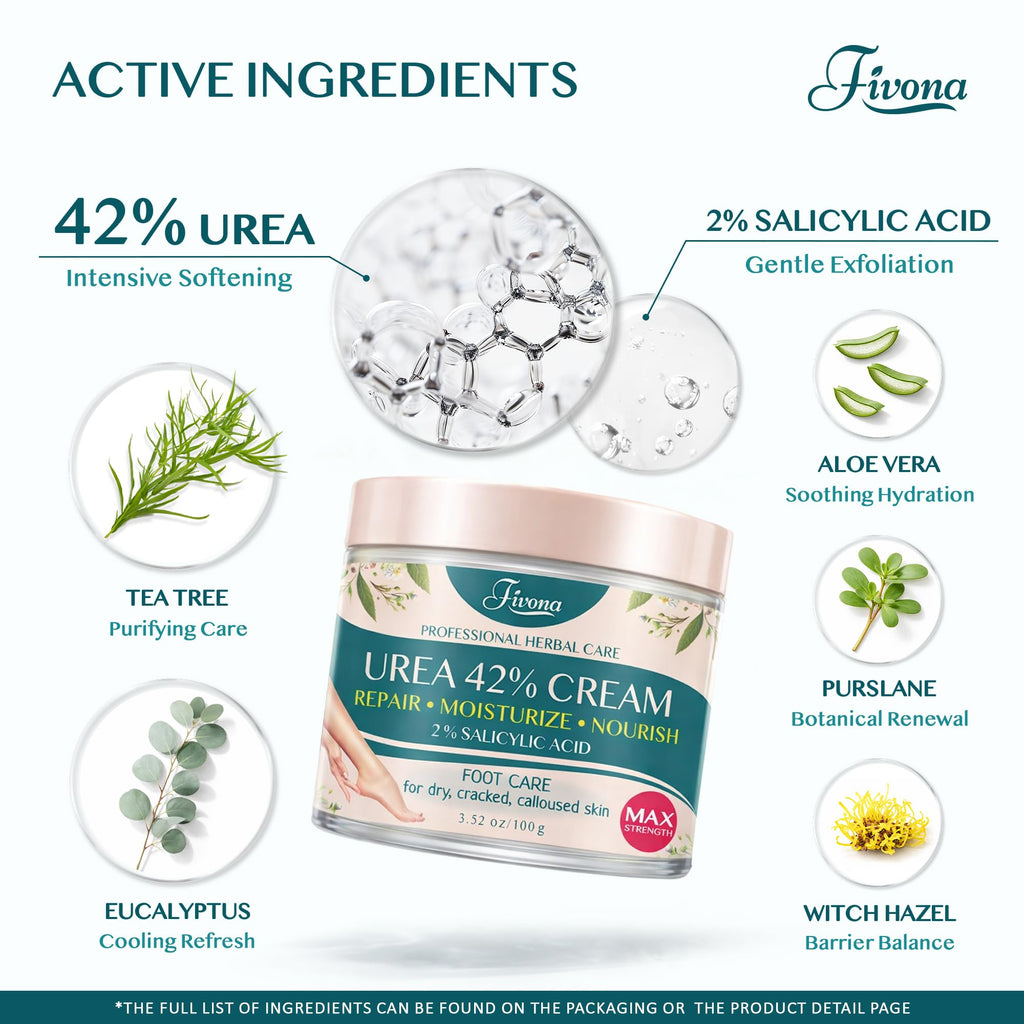 FIVONA 42% Urea Foot Cream for Thick, Rough Dry Skin - Maximum Strength Callus Softening with 2% Salicylic Acid, Tea Tree & Aloe Vera, 100g (3.5 oz) - Deep Moisturizing Foot Care - Maple Wellness Supplements
