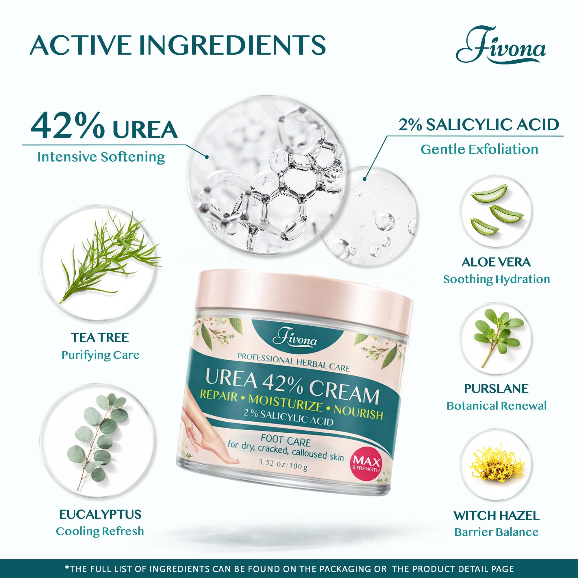 FIVONA 42% Urea Foot Cream for Thick, Rough Dry Skin - Maximum Strength Callus Softening with 2% Salicylic Acid, Tea Tree & Aloe Vera, 100g (3.5 oz) - Deep Moisturizing Foot Care - Maple Wellness Supplements