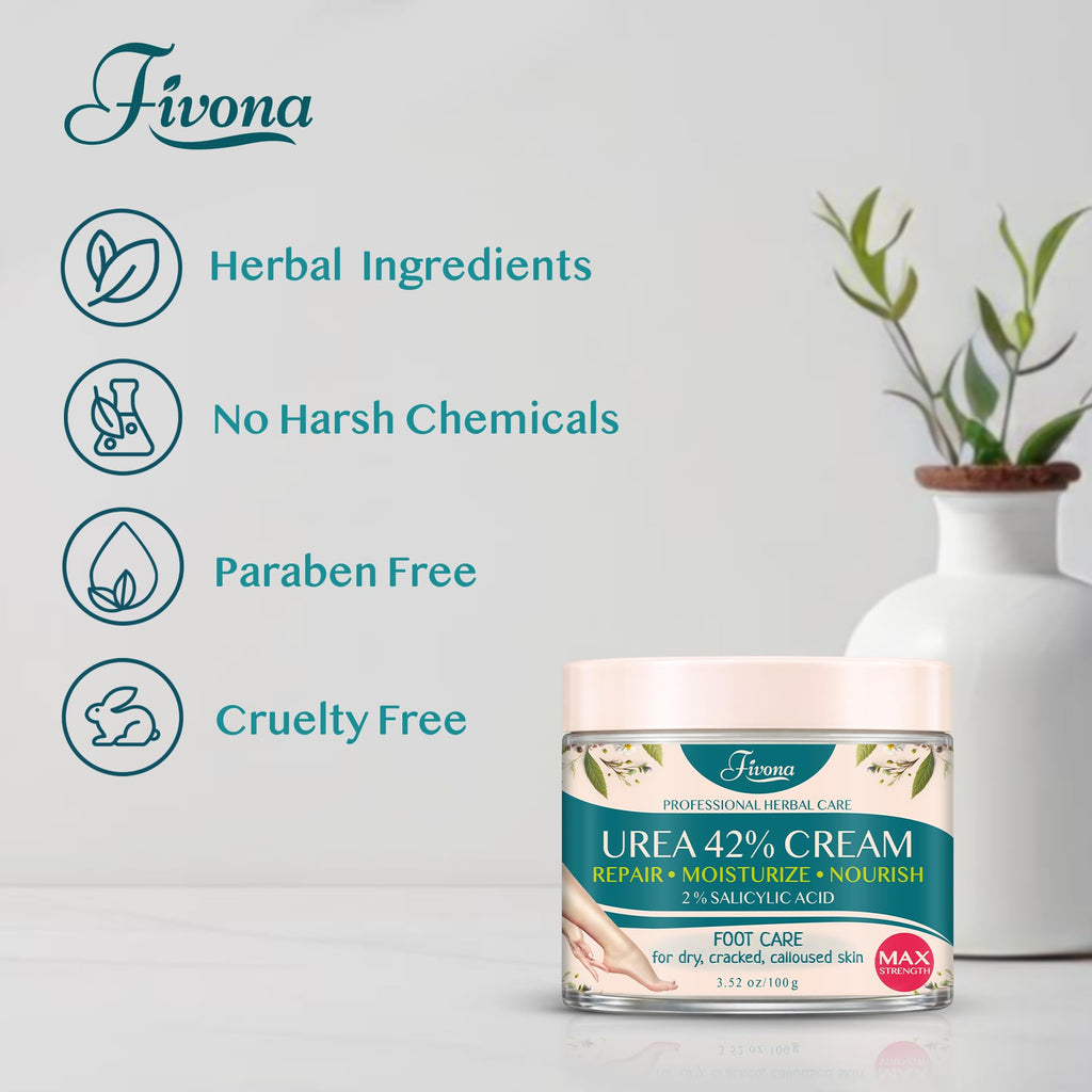 FIVONA 42% Urea Foot Cream for Thick, Rough Dry Skin - Maximum Strength Callus Softening with 2% Salicylic Acid, Tea Tree & Aloe Vera, 100g (3.5 oz) - Deep Moisturizing Foot Care - Maple Wellness Supplements