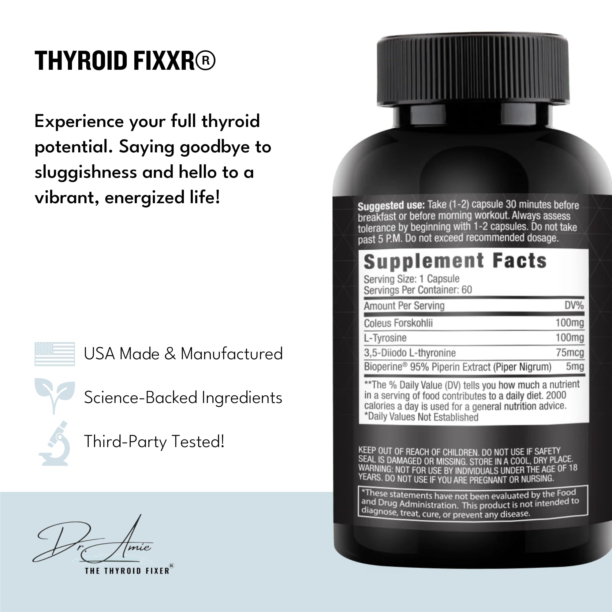 Fixxr Thyroid Support by Dr. Amie | T2 Thyroid Supplement | 30 Day Supply, 60 Capsules - TrustMedUSA