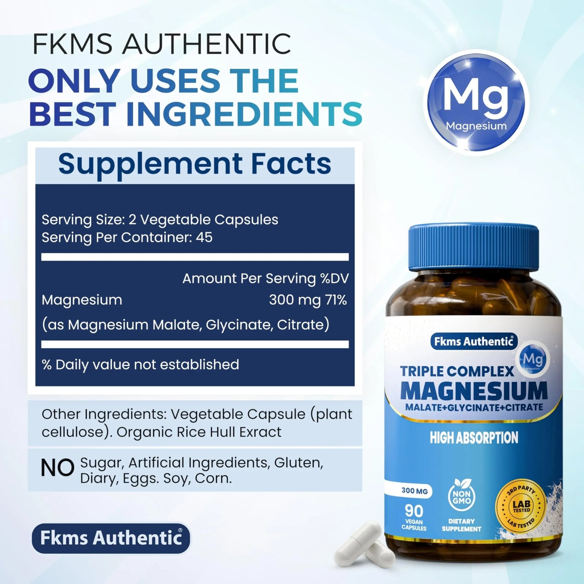 FKMS Authentic Triple Magnesium Complex | 300mg Magnesium Glycinate, Malate & Citrate for Sleep, Stress & Muscle Support | Non-GMO, Vegan, Gentle on Stomach | High Absorption | 90 Capsules - TrustMedUSA