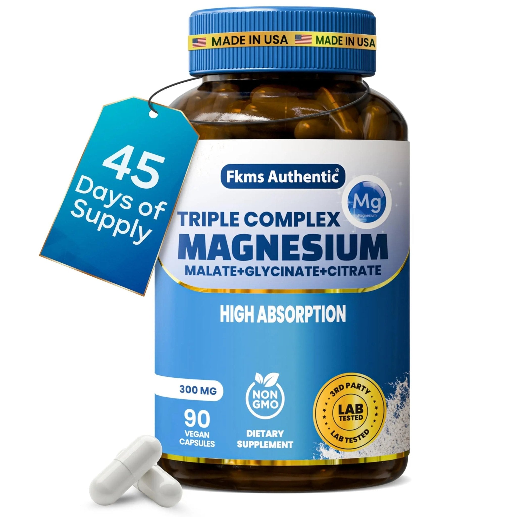 FKMS Authentic Triple Magnesium Complex | 300mg Magnesium Glycinate, Malate & Citrate for Sleep, Stress & Muscle Support | Non-GMO, Vegan, Gentle on Stomach | High Absorption | 90 Capsules - TrustMedUSA