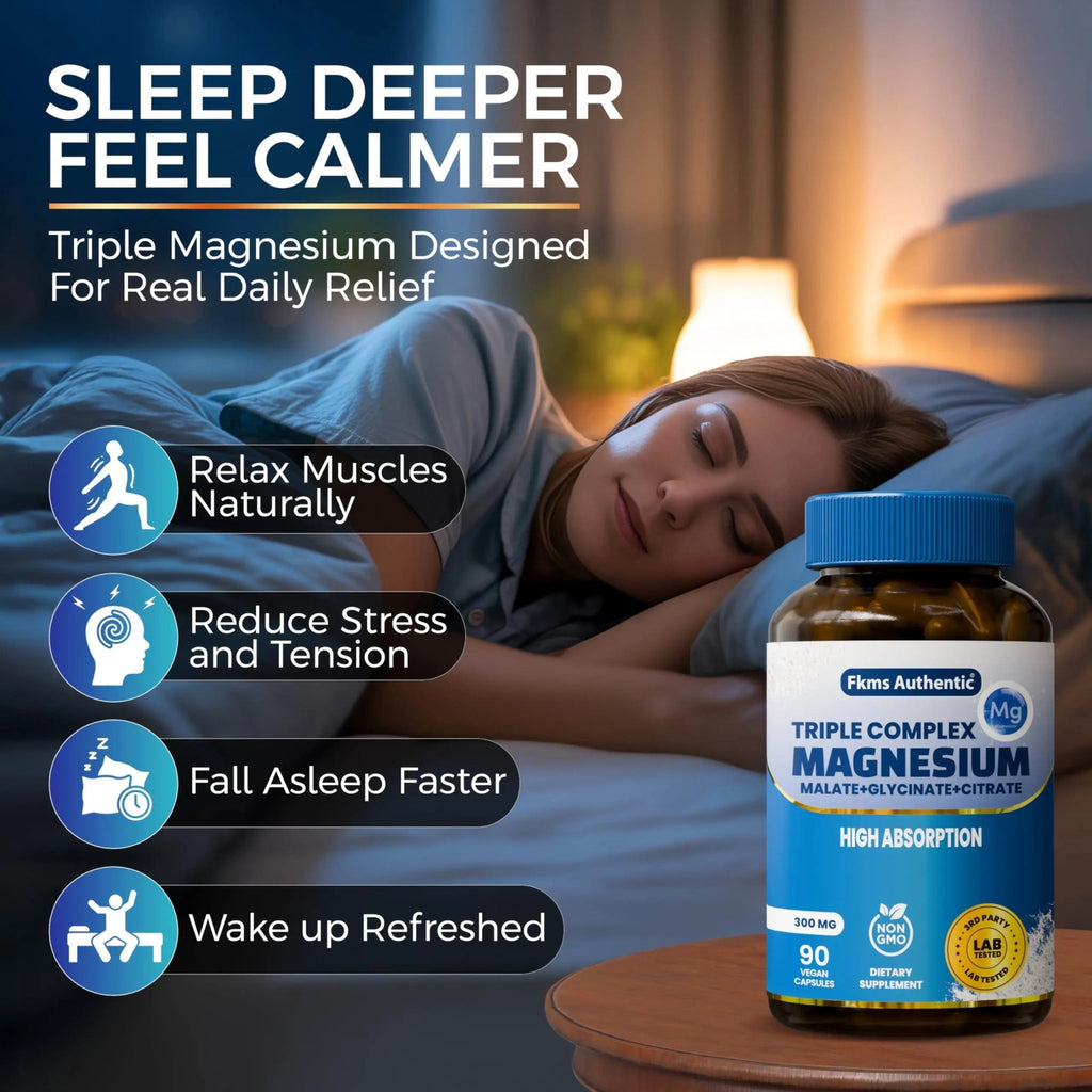 FKMS Authentic Triple Magnesium Complex | 300mg Magnesium Glycinate, Malate & Citrate for Sleep, Stress & Muscle Support | Non-GMO, Vegan, Gentle on Stomach | High Absorption | 90 Capsules - TrustMedUSA