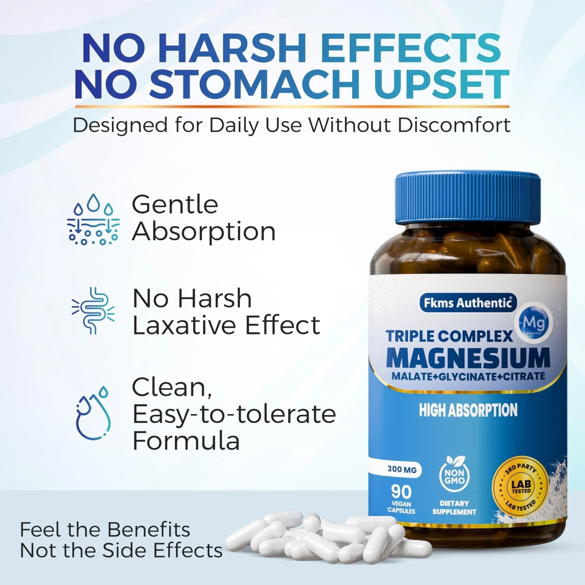 FKMS Authentic Triple Magnesium Complex | 300mg Magnesium Glycinate, Malate & Citrate for Sleep, Stress & Muscle Support | Non-GMO, Vegan, Gentle on Stomach | High Absorption | 90 Capsules - TrustMedUSA