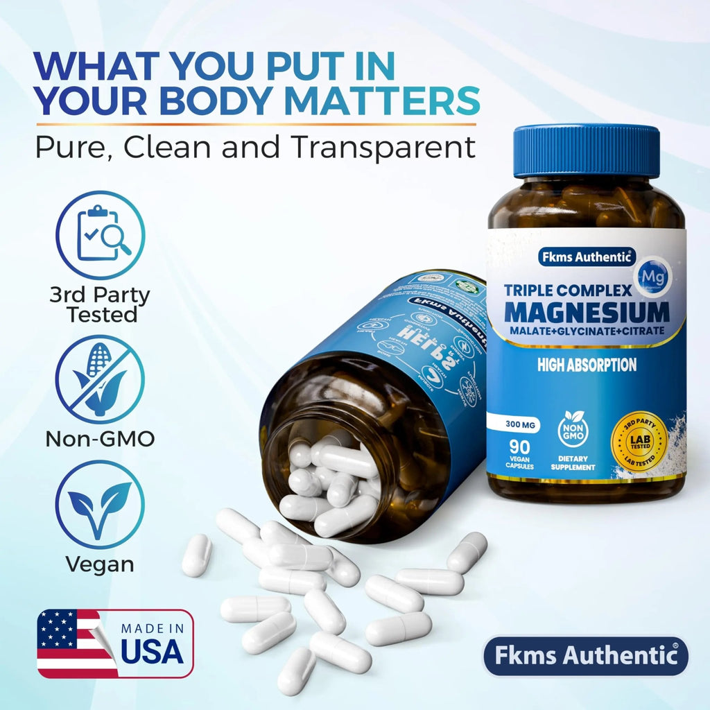 FKMS Authentic Triple Magnesium Complex | 300mg Magnesium Glycinate, Malate & Citrate for Sleep, Stress & Muscle Support | Non-GMO, Vegan, Gentle on Stomach | High Absorption | 90 Capsules - TrustMedUSA