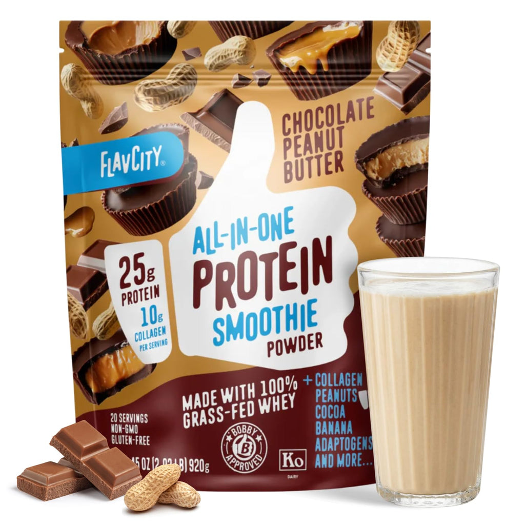 FlavCity Grass Fed Whey Chocolate Protein Powder - Chocolate Peanut Butter - 25g Protein & 10g Collagen - Made with Organic Cocoa & Coconut Milk - Gluten Free & No Added Sugars (20 Servings) - Maple Wellness Supplements