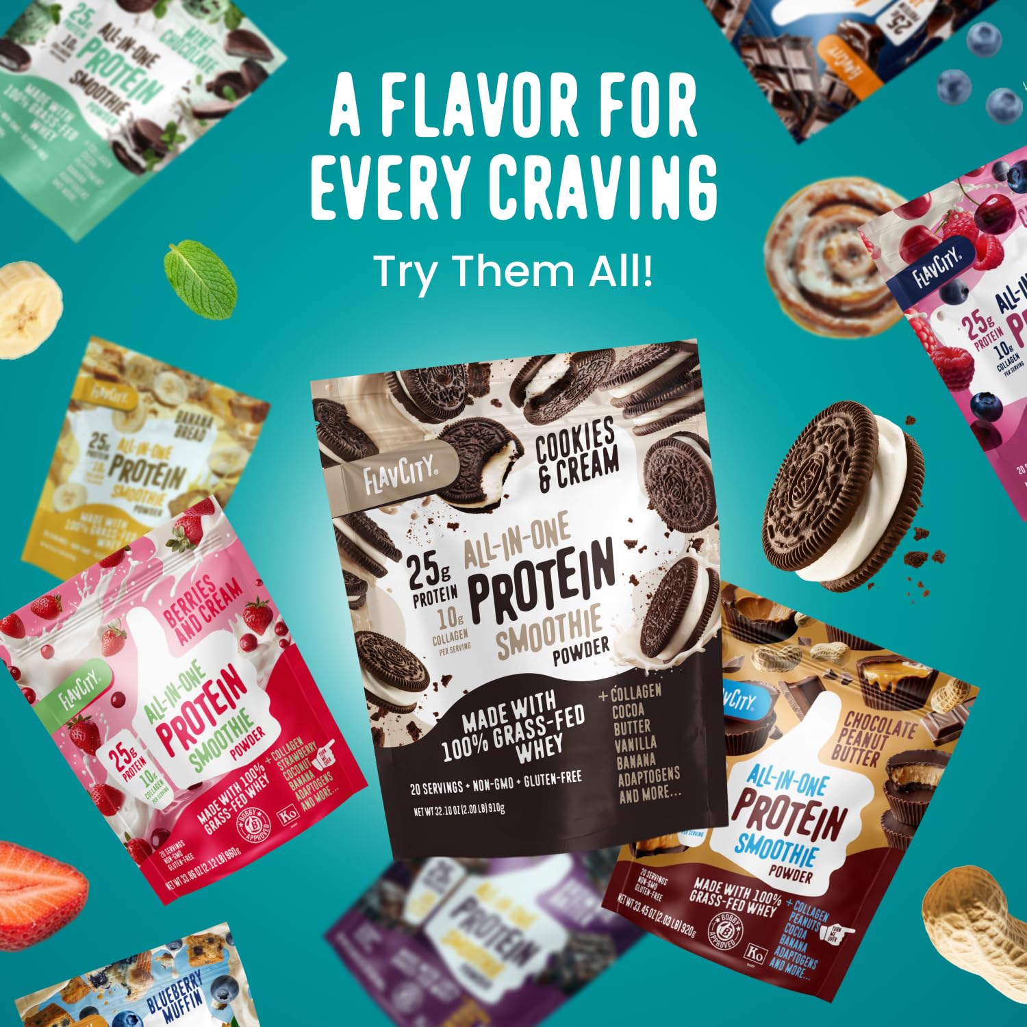 FlavCity Grass Fed Whey Chocolate Protein Powder - Chocolate Peanut Butter - 25g Protein & 10g Collagen - Made with Organic Cocoa & Coconut Milk - Gluten Free & No Added Sugars (20 Servings) - Maple Wellness Supplements