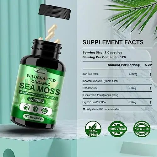 Fleamart 2 Pack Irish Sea Moss Capsules 120ct Raw Organic Sea Moss Wildcrafted Bladder - TrustMedUSA